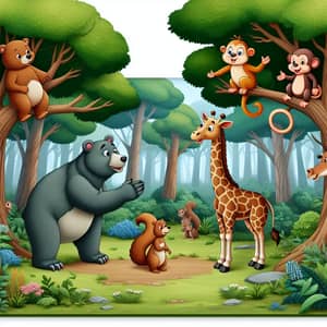 Enchanting Forest Scene with Bear, Giraffe, Squirrel, and Monkey