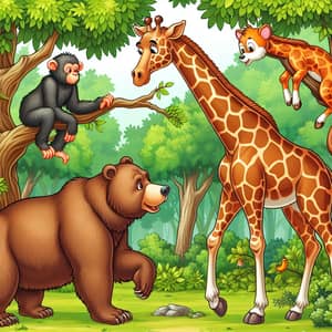 Enchanting Forest Conversation: Bear, Giraffe, Monkey, Squirrel