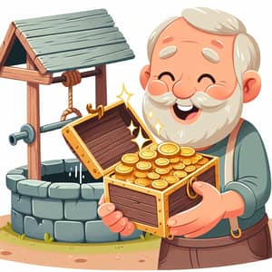 Elderly Man with Treasures by Stone Well | Gold Coins Illustration