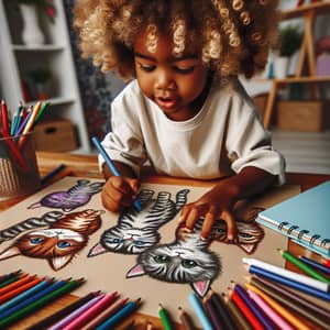 Young Child Drawing Charming Fluffy Cats on Canvas