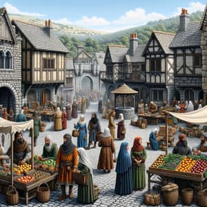 European Middle Ages Town Square Scene with Diverse Characters