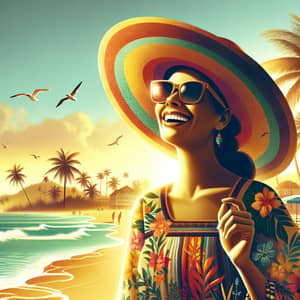 Vibrant Latina Woman Enjoying Sunlit Beachscape