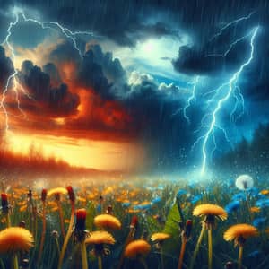 Dynamic Weather Scene: Lightning, Thunder, and New Dandelions