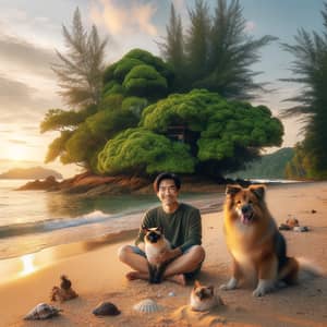 Tranquil Beach Scene with Asian Man, Dog, and Cat at Sunset