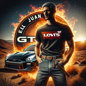 El Juan Logo with GTR Car and Man in Black Shirt & Levi's Trousers