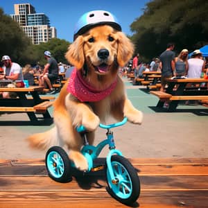 Adorable Golden Retriever Balancing on Bicycle at Park
