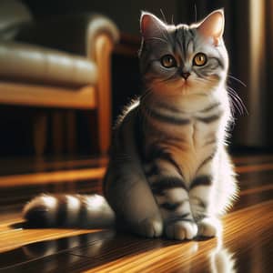 Beautiful Grey and White Striped Domestic Short Hair Cat on Wooden Floor