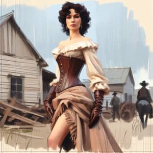 Caucasian Woman in 19th Century Western Village - Gouache Painting Sketch