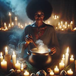 African American Woman Stirring Herbal Concoction in Ca - Tranquil Mystical Scene