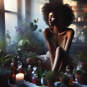 Serene African American Woman Surrounded by Plants at Dawn