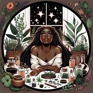 Serene African American Woman with Braids Surrounded by Plants and Herbs