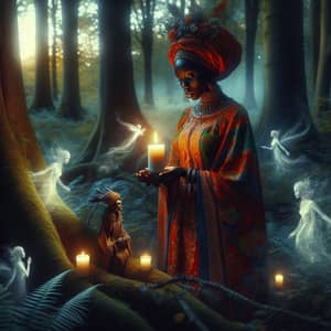 Enchanting Black Woman in Vibrant Attire with Candles in Forest