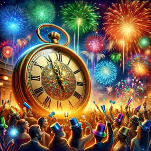 Sparkling New Year's Eve Celebration with Clock, Fireworks & Diverse Crowd