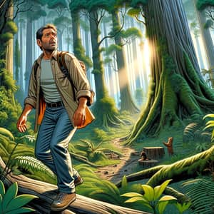 Lost in Dense Forest: Puzzled Middle-Aged Man Illustration