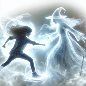 Young Girl Battles Witch in Ethereal White Light