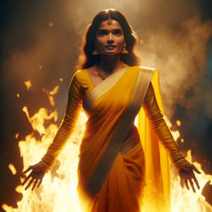 Draupadi in Glowing Yellow Saree Emerging from Fire