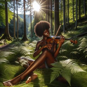 Tranquil Scene in Nature with Young Black Woman Playing Violin