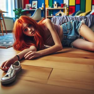 Red-Haired Teen Girl in Distressed Denim Shorts | Urban Adolescence Vibe