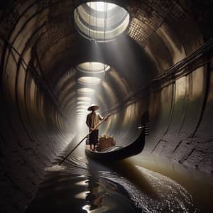 South Asian Gondolier Navigating Dark Sewer Tunnel