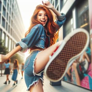 Vibrant Redhead Teenager in Denim Shorts | Youthful Street Photography Style