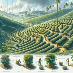 Detailed Tea Plantation Illustration with Diverse Workers