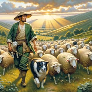 Asian Shepherd Guiding Diverse Flock of Sheep in Idyllic Landscape