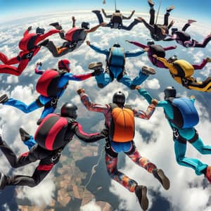 Multiracial Skydiving Crew Soaring Through Vast Blue Sky