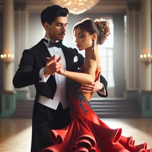 Graceful Waltz Dance: Elegant Couple on Polished Wooden Floor