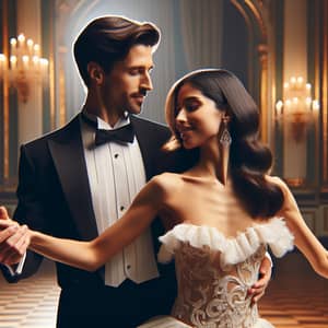 Elegant Waltzing Couple in Classic Black Tuxedo and White Dress