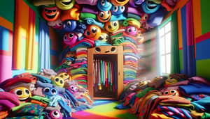 Magical Colorful Cartoon Wardrobe Overflowing with Playful Clothes