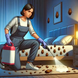 Hispanic Female Cleaner Battling Bedbugs in Bedroom