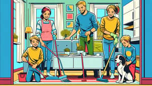 Cheerful Swedish Family Cleaning in Pop Art Living Room