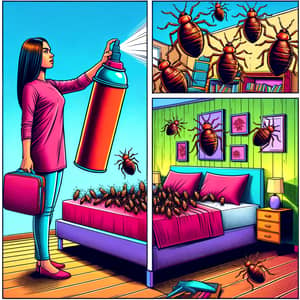 Vibrant Comic Strip Illustration of Woman Battling Bed Bugs