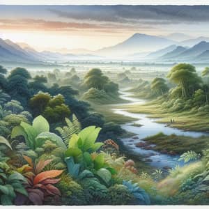 Nature Landscape Watercolor Painting with Lush Vegetation and Majestic Mountains