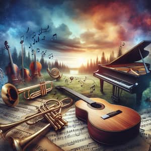 Tranquil Music Harmony: Artistic Landscape with Musical Instruments