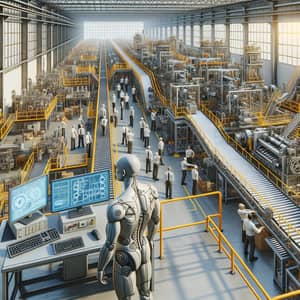 Detailed Industrial Production Process: Conveyor Belts, Heavy Machinery, Employees
