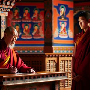 Bhutanese Monk Judging Scene in Tranquil Temple Interior