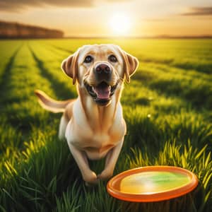 Playful Labrador Retriever Fetching Frisbee in Green Field