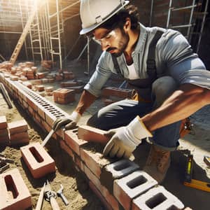 Hispanic Male Construction Worker Building a Wall with Precision