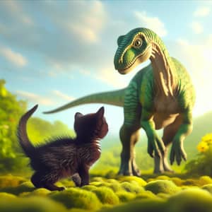 Playful Kitten Meets Gentle Dinosaur in a Verdant Landscape