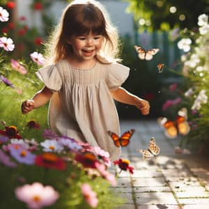 Playful Caucasian Girl Chasing Butterflies in Colorful Garden