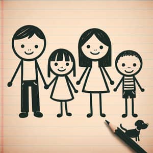 Stick Figure Family Drawing with Caucasian, South Asian, Black, Hispanic Members and Pet