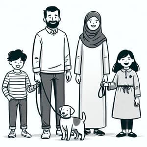Diverse Family Stick-Figure Drawing with Dog - Joyful Scene