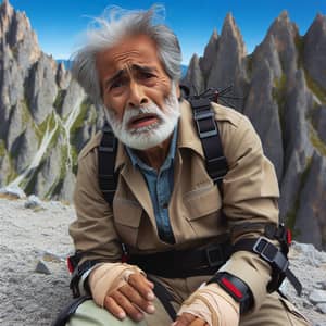 Dramatic Scene: Elderly South Asian Man Falls from Rocky Mountain
