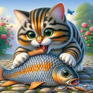 Tabby Cat Enjoying Fish Meal on Cobblestone Path