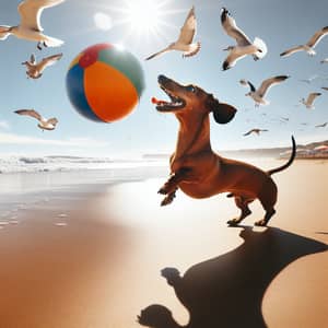 Lively Dachshund Playing on Sunlit Beach with Seagulls
