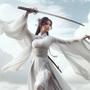 Chinese Female Warrior in White Hanfu with Silver Longsword