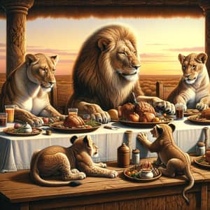 Family of Lions Enjoying a Meal: Warm Savannah Scene