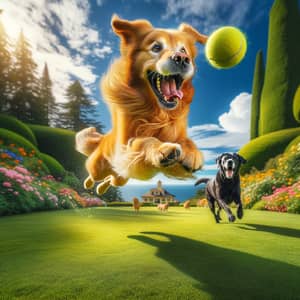 Energetic Retrievers Playing Fetch in Lush Dog Paradise