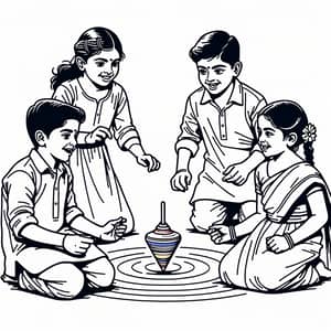 Indian 90s Kids Spinning Top Game | Line Art Illustration